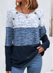 Striped Patchwork Blue Round Neck Long Sleeve Sweatshirt