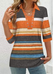 Striped Eyelet Orange 3/4 Sleeve Shirt Collar Blouse