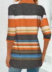 Striped Eyelet Orange 3/4 Sleeve Shirt Collar Blouse