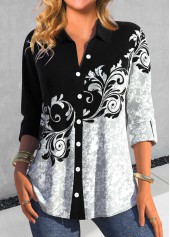 Random Floral Print Asymmetry Black Shirt Collar Blouse