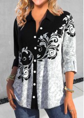Random Floral Print Asymmetry Black Shirt Collar Blouse