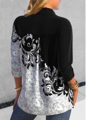 Random Floral Print Asymmetry Black Shirt Collar Blouse