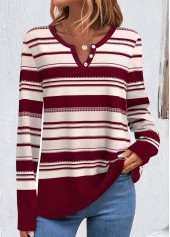 Striped Button Wine Red V Neck Sweatshirt