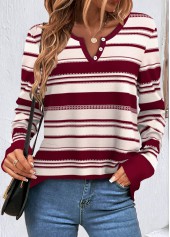 Striped Button Wine Red V Neck Sweatshirt
