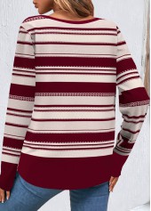 Striped Button Wine Red V Neck Sweatshirt