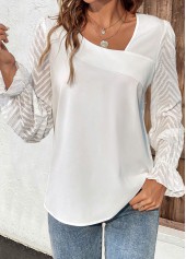 Long Sleeve Ruched White Asymmetrical Neck T Shirt