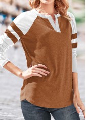 Dark Camel Split Neck Patchwork T Shirt