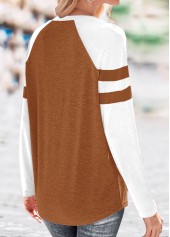 Dark Camel Split Neck Patchwork T Shirt