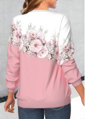 Valentine's Day Floral Print Patchwork Pink Round Neck Sweatshirt