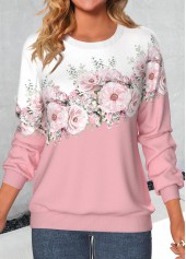 Valentine's Day Floral Print Patchwork Pink Round Neck Sweatshirt