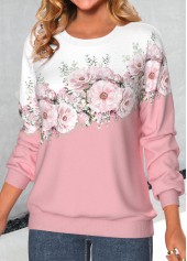 Valentine's Day Floral Print Patchwork Pink Round Neck Sweatshirt