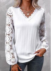 White Plus Size Lace Long Sleeve V Neck Blouse