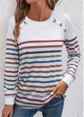 Striped Patchwork White Round Neck T Shirt