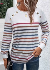 Striped Patchwork White Round Neck T Shirt