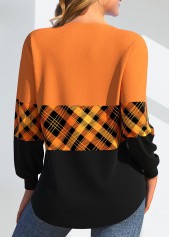 Plaid Patchwork Orange V Neck Long Sleeve Sweatshirt