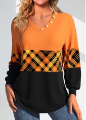 Plaid Patchwork Orange V Neck Long Sleeve Sweatshirt
