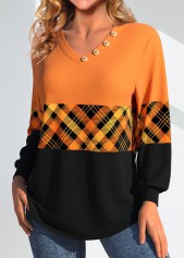 Plaid Patchwork Orange V Neck Long Sleeve Sweatshirt