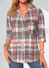 Plaid Button Coral 3/4 Sleeve Shirt Collar Blouse
