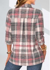 Plaid Button Coral 3/4 Sleeve Shirt Collar Blouse