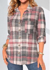 Plaid Button Coral 3/4 Sleeve Shirt Collar Blouse