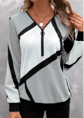 Geometric Print Zipper Light Grey V Neck Sweatshirt