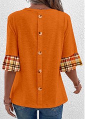 Plaid Patchwork Orange Round Neck T Shirt