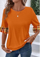 Plaid Patchwork Orange Round Neck T Shirt