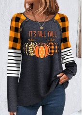 Halloween Print Patchwork Orange Round Neck Sweatshirt
