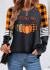 Halloween Print Patchwork Orange Round Neck Sweatshirt