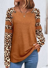 Leopard Patchwork Dark Camel Round Neck T Shirt