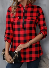 Plaid Zipper Red Long Sleeve High Neck Blouse