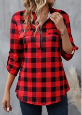 Plaid Zipper Red Long Sleeve High Neck Blouse