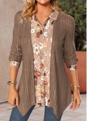 Floral Print Fake 2in1 Light Coffee Blouse