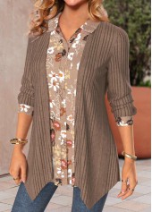 Floral Print Fake 2in1 Light Coffee Blouse