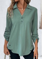 Button Sage Green Long Sleeve Shirt Collar Blouse