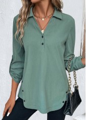 Button Sage Green Long Sleeve Shirt Collar Blouse