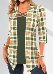 Plaid Fake 2in1 Sage Green Shirt Collar Blouse
