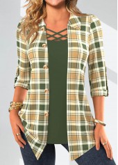 Plaid Fake 2in1 Sage Green Shirt Collar Blouse