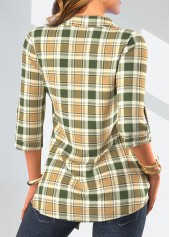 Plaid Fake 2in1 Sage Green Shirt Collar Blouse