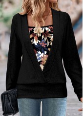 Random Floral Print Fake 2in1 Black Sweatshirt