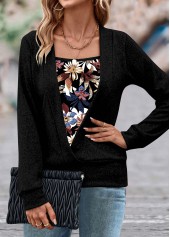 Random Floral Print Fake 2in1 Black Sweatshirt