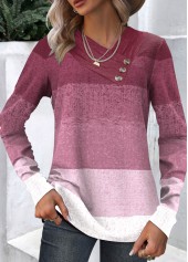 Ombre Button Dark Reddish Purple Asymmetrical Neck Sweatshirt
