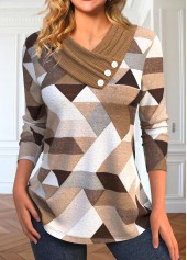 Geometric Print Asymmetry Light Coffee T Shirt