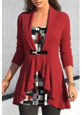 Geometric Print Fake 2in1 Wine Red T Shirt