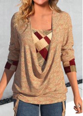 Geometric Print Patchwork Multi Color Draped Neck Sweatshirt