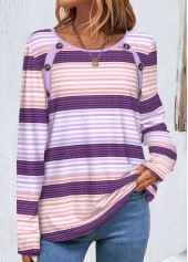 Striped Button Purple Round Neck T Shirt