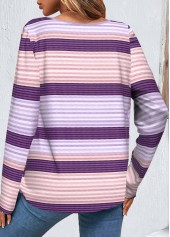 Striped Button Purple Round Neck T Shirt