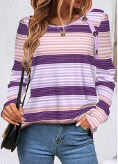 Striped Button Purple Round Neck T Shirt