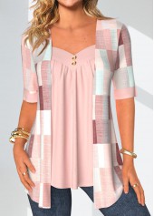 Geometric Print Patchwork Light Pink Fake Two Piece Twinset