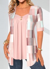 Geometric Print Patchwork Light Pink Fake Two Piece Twinset